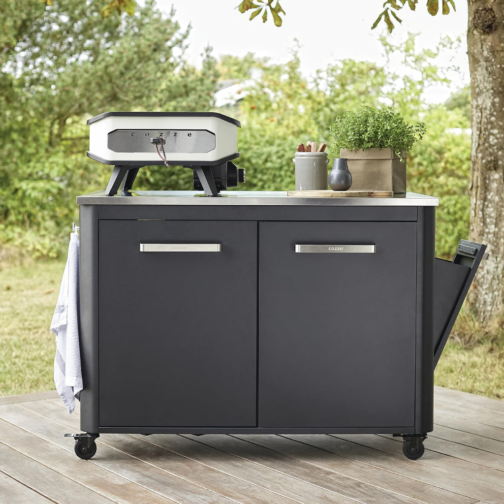 Outdoor-Gartenschrank mit Edelstahl-Arbeitsplatte, 2 Türen und 4 Rollen, 127 x 67 x 90 cm