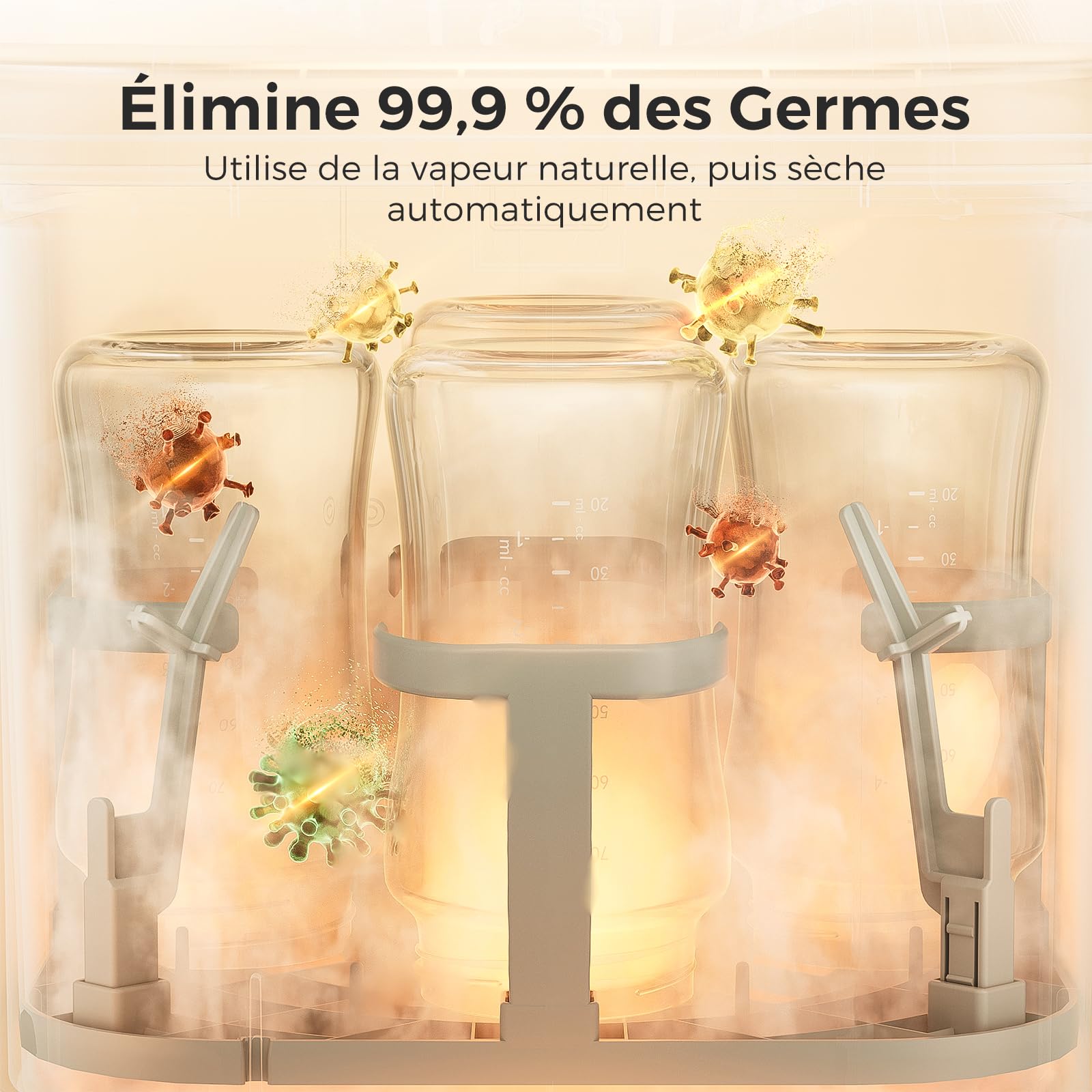 Nettoyeur biberons automatique avec stérilisation vapeur et séchage cycle rapide 19 min pour biberons et accessoires bébé