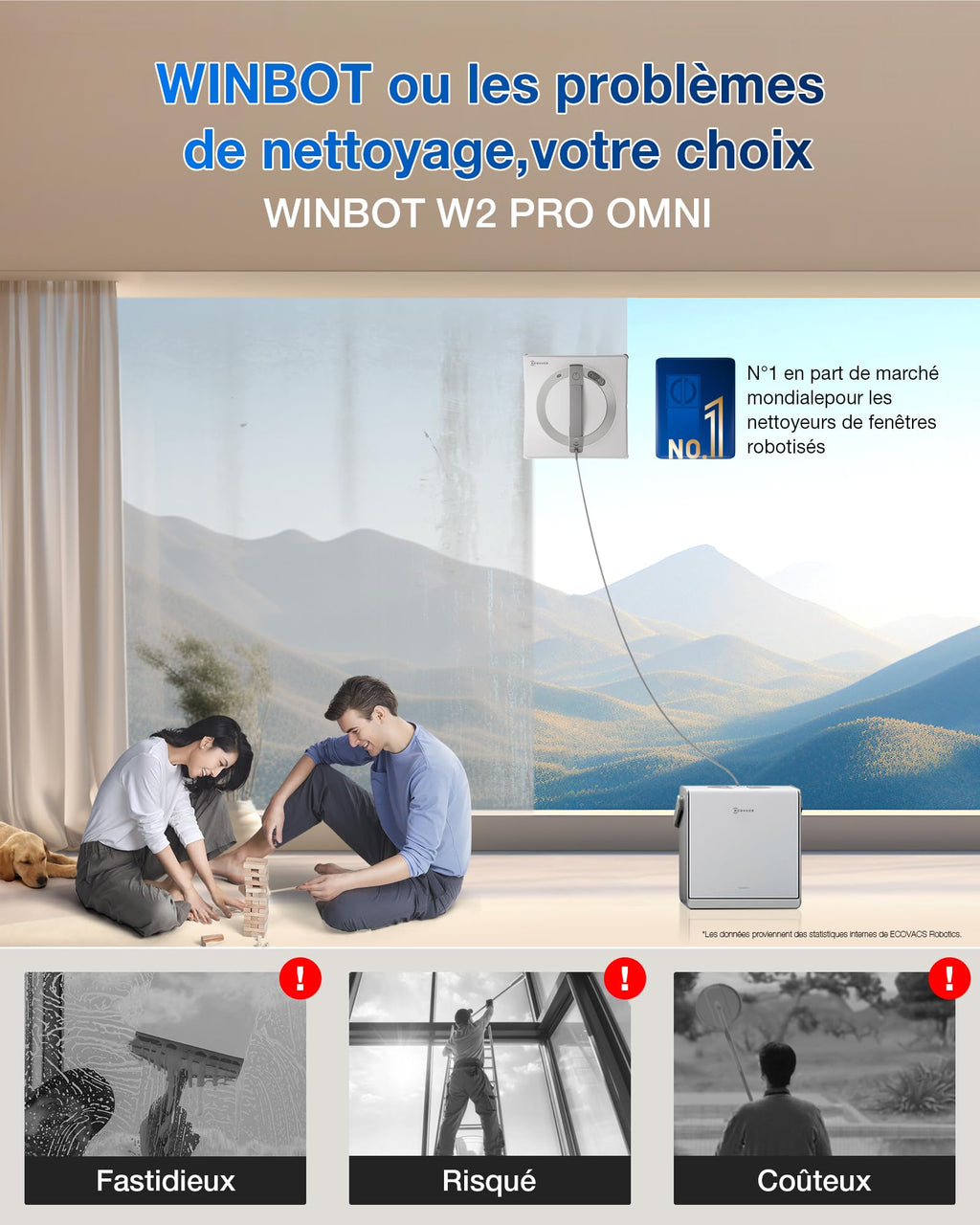 Robot nettoyeur de vitres WINBOT W2 Pro Omni WG851-11 avec station multifonction pulvérisation triple buse et système de protection 12 niveaux