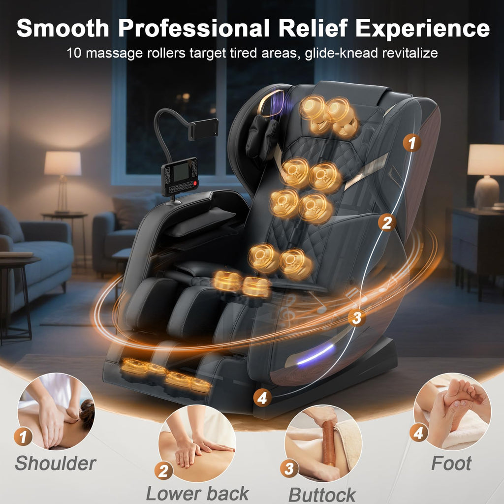 Massagesessel mit 14 Massagerollen und 8 Airbags, Zero-Gravity-Funktion sowie Wärmefunktion für Beine und Taille, Bluetooth-Lautsprecher und