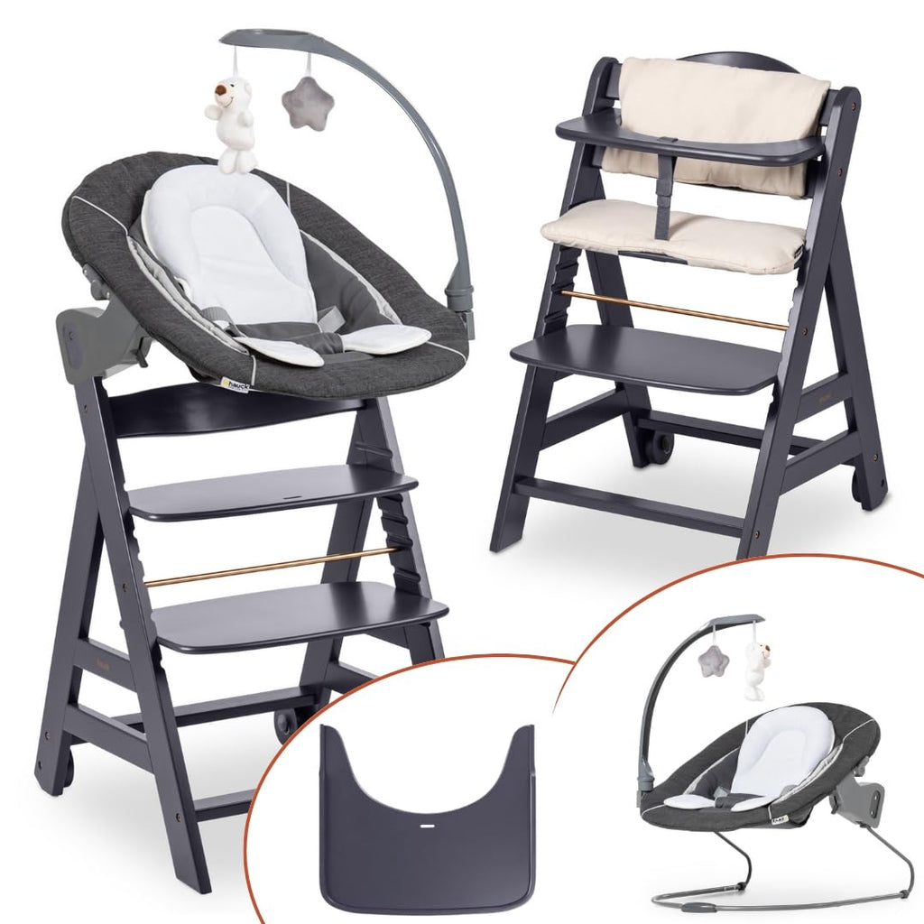 5-in-1 Hochstuhl Beta+ Newborn Set mit Deluxe Bouncer, Sitzpolster und Essbrett, aus FSC-zertifiziertem Buchenholz, Dark Grey