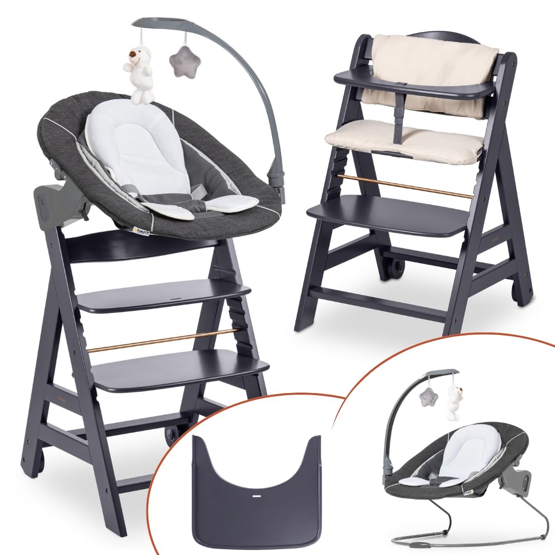 5-in-1 Hochstuhl Beta+ Newborn Set mit Deluxe Bouncer, Sitzpolster und Essbrett, aus FSC-zertifiziertem Buchenholz, Dark Grey