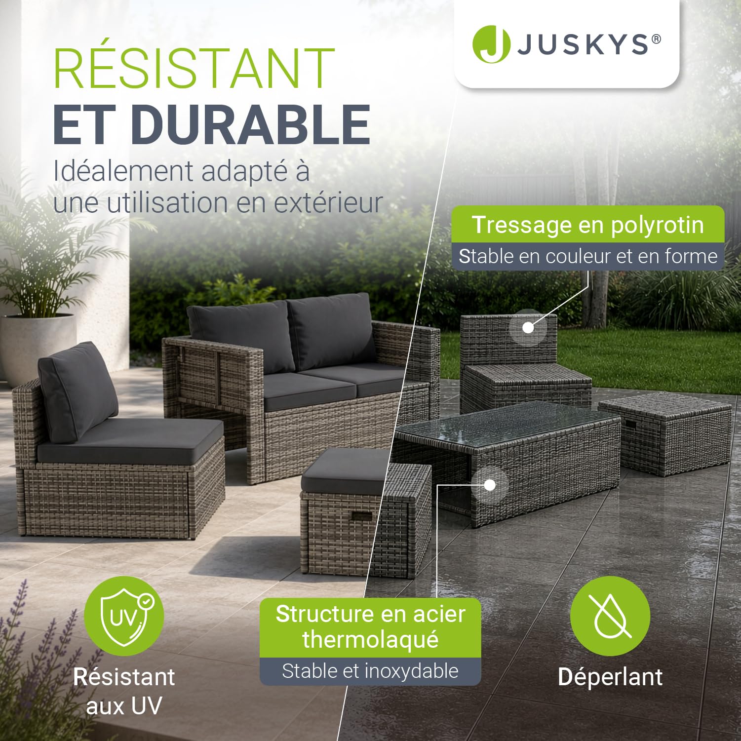 Salon de jardin lounge Salou polyrotin 6 personnes table coussins gris modèle 300862