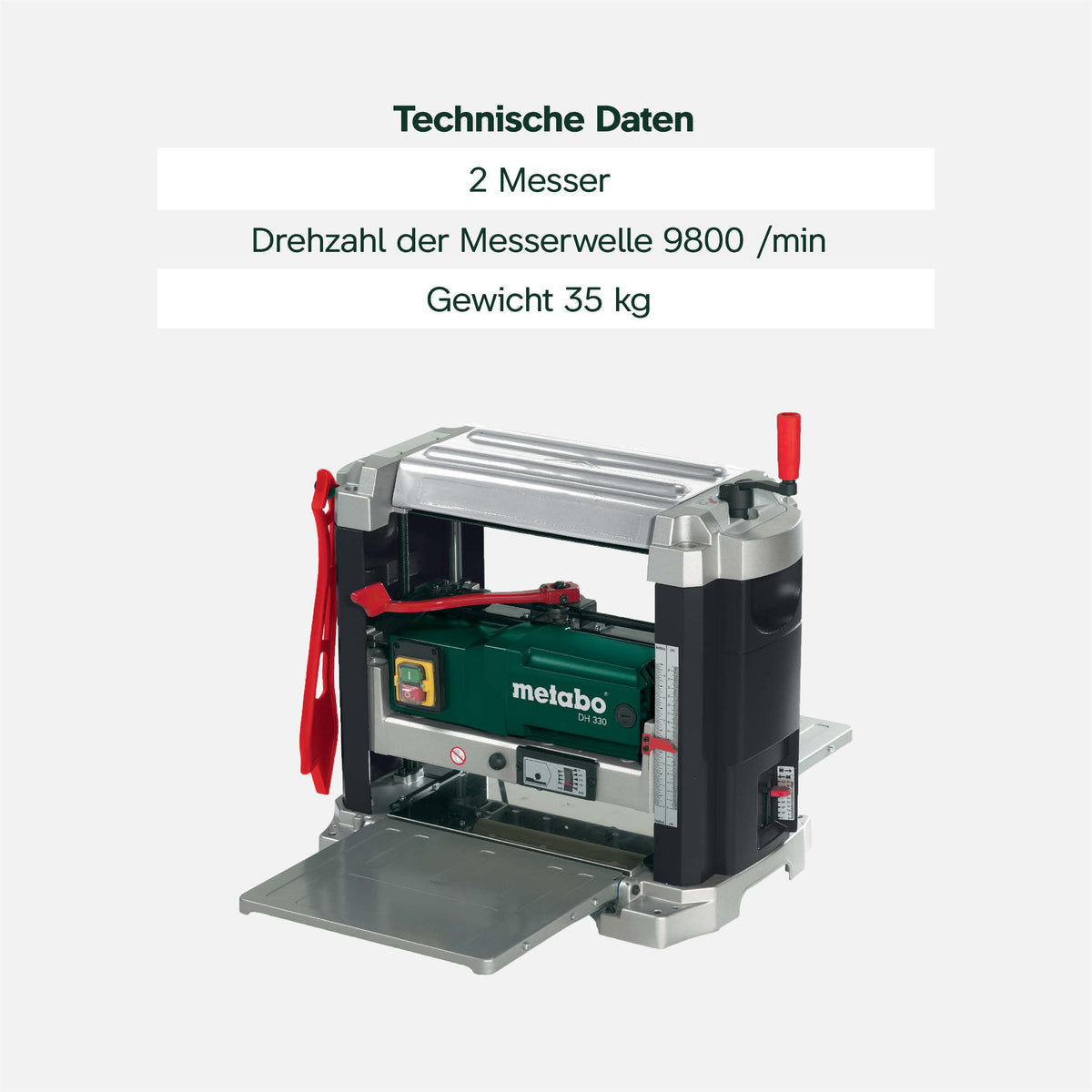 Dickenhobel DH 330 mit 1800 W und HSS-Messern, mobile Hobelmaschine mit Handkurbel und Absaugstutzen