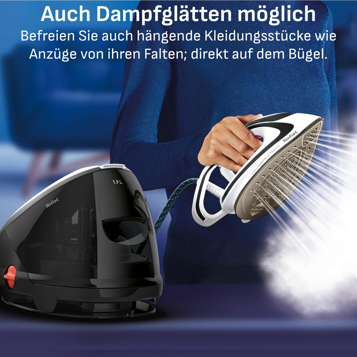 Dampfbügelstation mit 8 Bar Druck und 2200 Watt, 120 g/min Dampfleistung sowie 520 g/min Dampfstoß