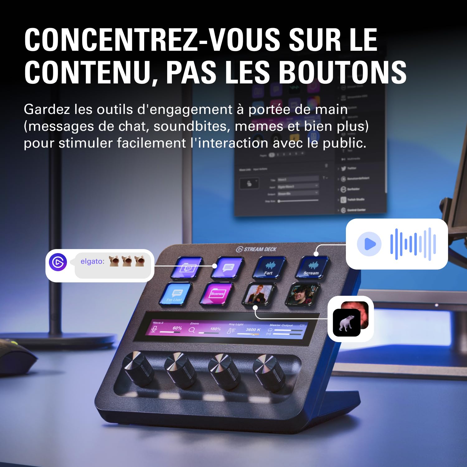 Console de mixage Stream Deck Plus avec touches LCD ruban tactile et connexion USB-C pour production audio vidéo Mac PC