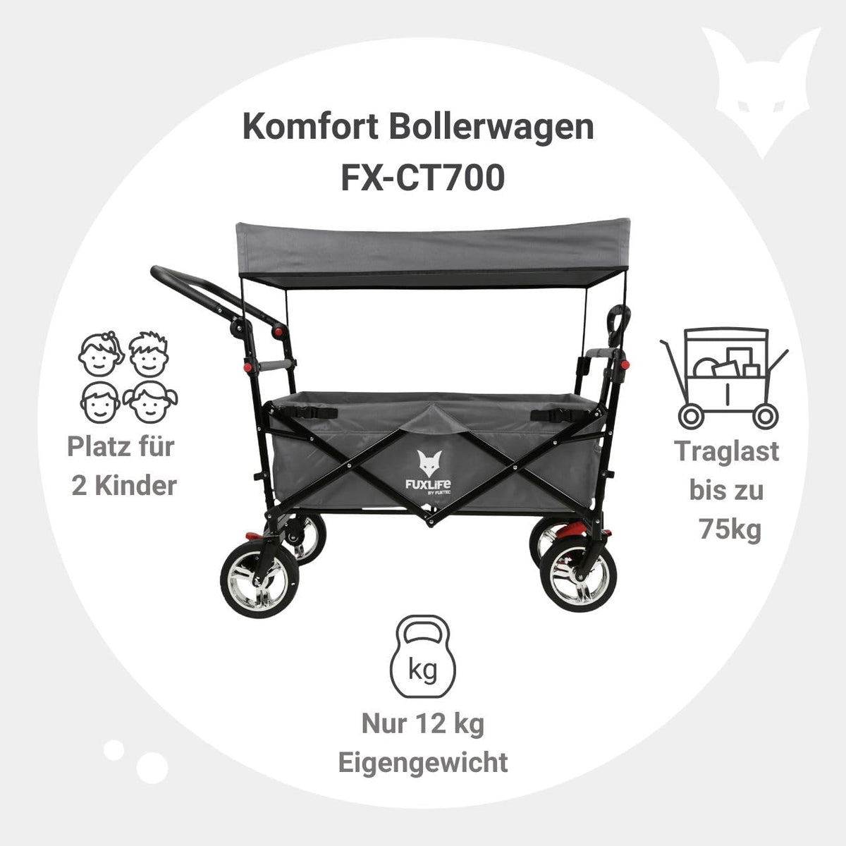 Faltbarer Bollerwagen FX-CT700 für 2 Kinder, grau, mit gepolstertem Innenraum, Sonnendach und Feststellbremsen, 75 kg Tragkraft