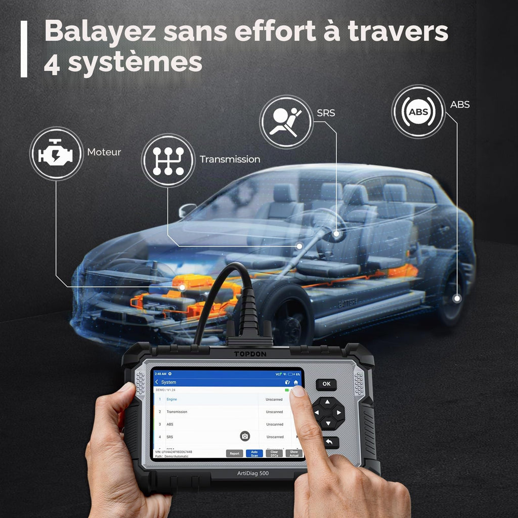 Valise diagnostic auto AD500 OBD2 4 systèmes moteur ABS SRS transmission écran 5 pouces réinitialisation service