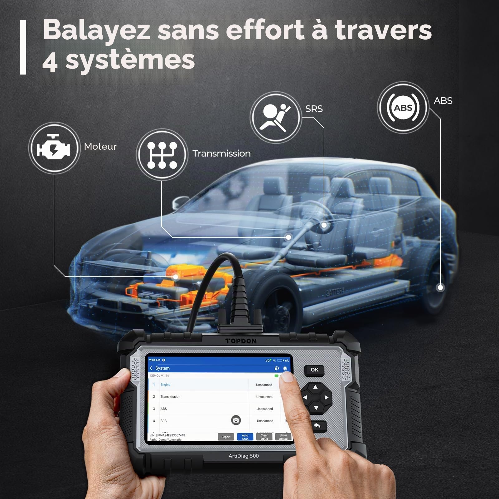 Valise diagnostic auto AD500 OBD2 4 systèmes moteur ABS SRS transmission écran 5 pouces réinitialisation service