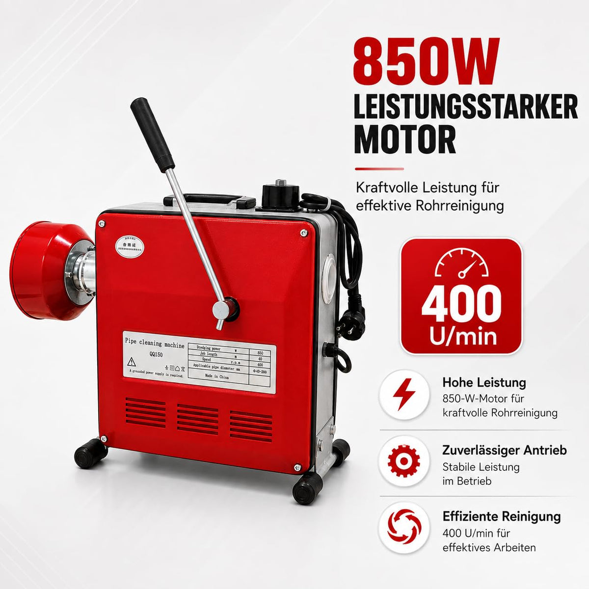 Rohrreinigungsmaschine 850W mit 400 U/min Ausgangsdrehzahl für Rohre Ø40–200 mm, inkl. 20 m Spirale, Biegespirale und 6 Reinigungsköpfen