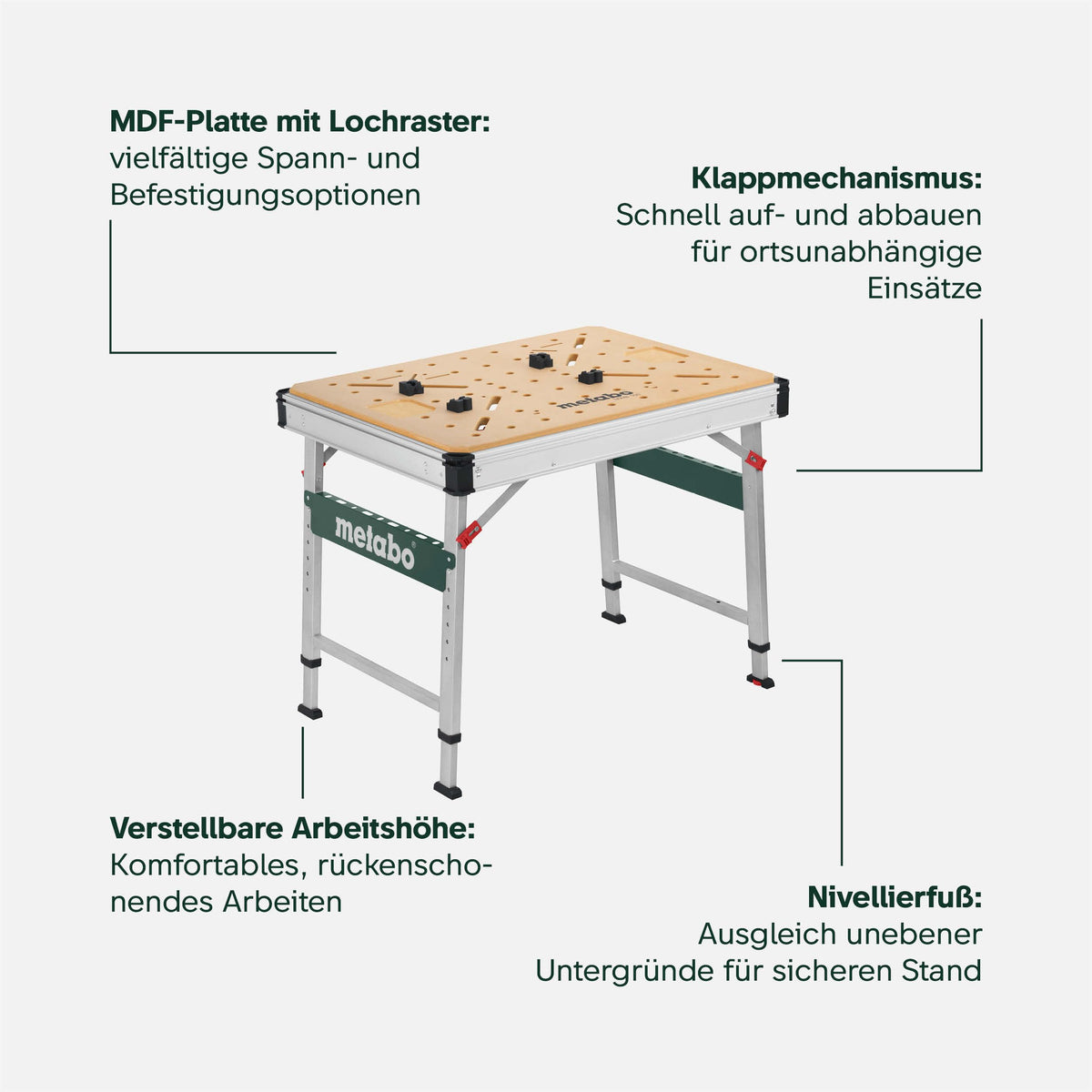 Multifunktionstisch MWB 100, klappbare Werkbank und Montagetisch mit 2 Einhandzwingen, 4 Bankhaken und 2 Eckverbindern