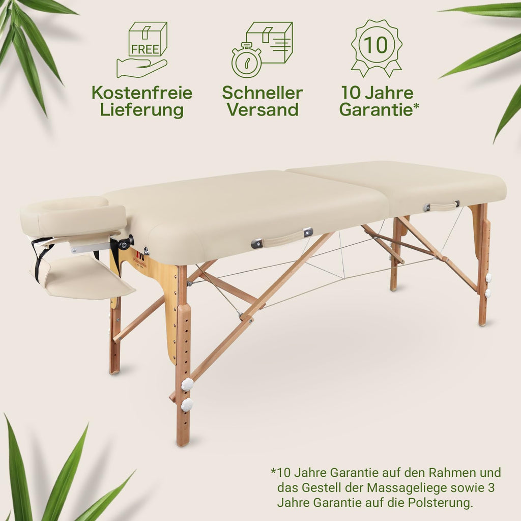 Mobile Massageliege klappbar und höhenverstellbar, extra breit 71 cm, aus Vollholz mit Kopfstütze, Armlehne und Zubehör, Creme