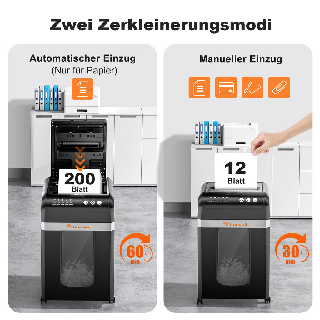 Aktenvernichter mit Auto-Feed für 200 Blatt, P-4 Mikroschnitt, 31 L Behälter, schwarz