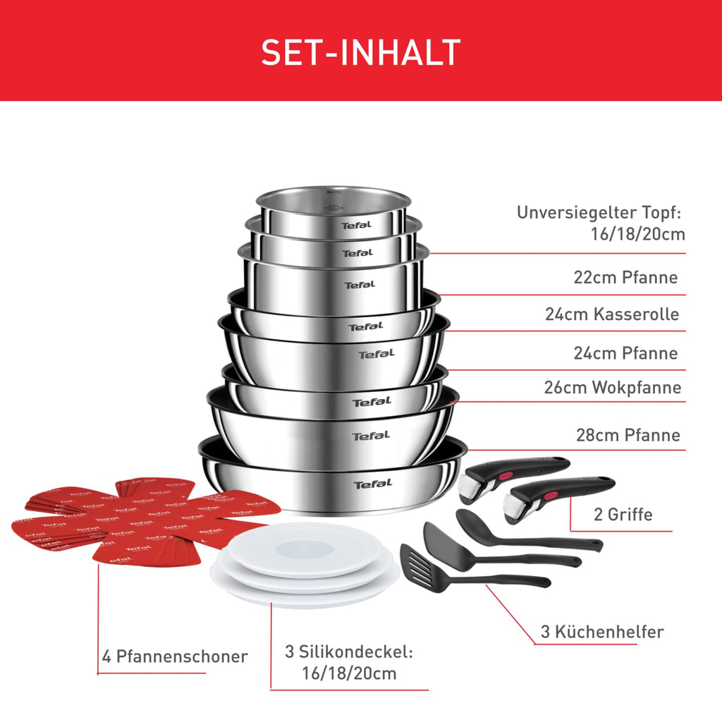 Topf- und Pfannenset 20-teilig mit abnehmbarem Griff, Edelstahl, Induktion, Antihaftversiegelung