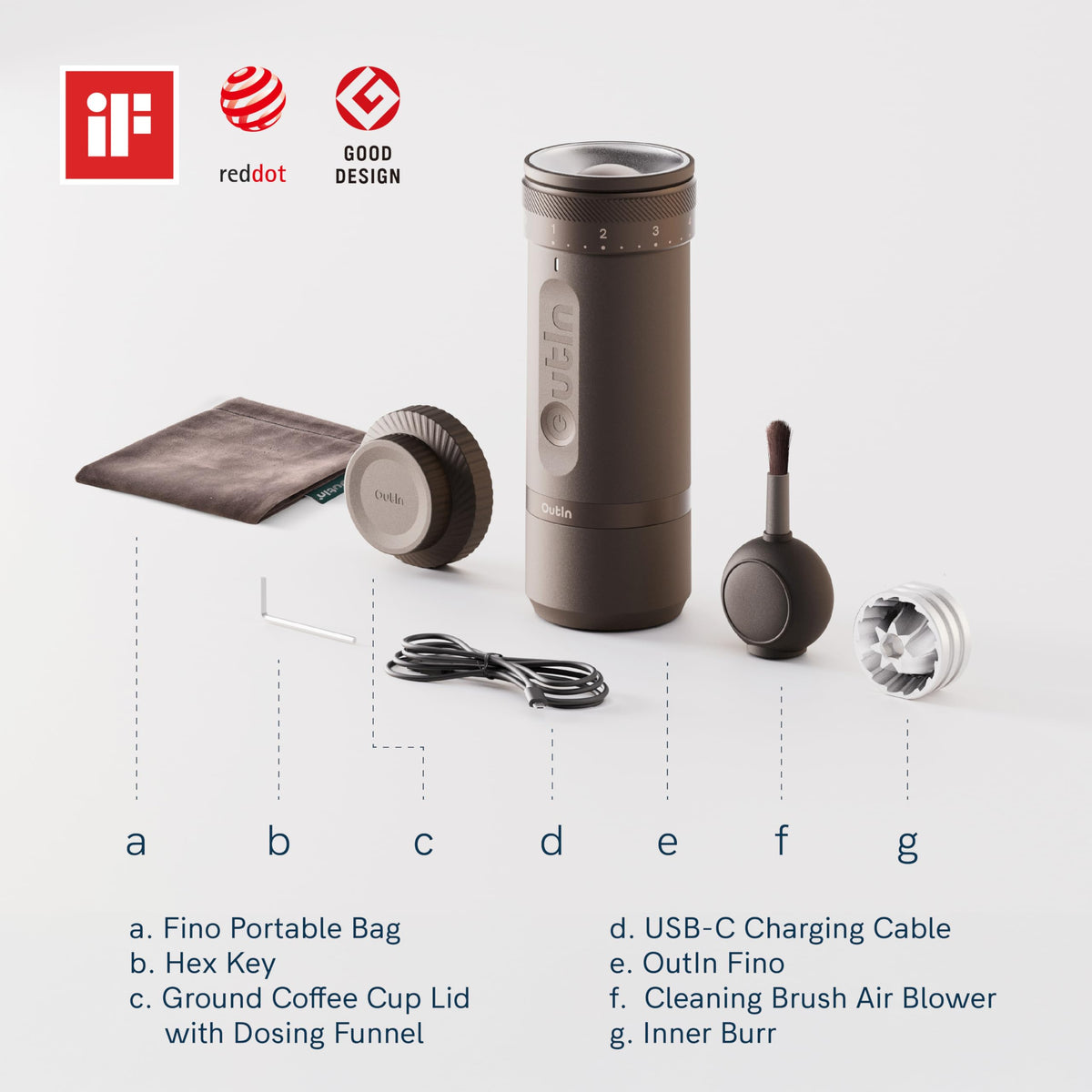 Elektrische Kaffeemühle Fino mit Kegelmahlwerk aus Edelstahl, 28 Mahlgrade, USB-C, tragbar, Tundra Brown