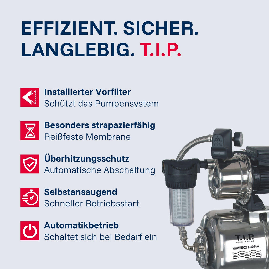 Hauswasserwerk HWW INOX 1300 Plus F mit Edelstahl-Druckkessel, 1200 W Jet-Pumpe, 4350 l/h, 50 m Förderhöhe und Vorfilter