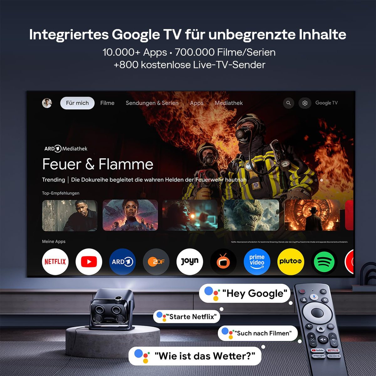 Tragbarer Smart Beamer mit Google TV, 1080p, 4K unterstützt, 500 ANSI Lumen und 20-W-Dolby-Audio