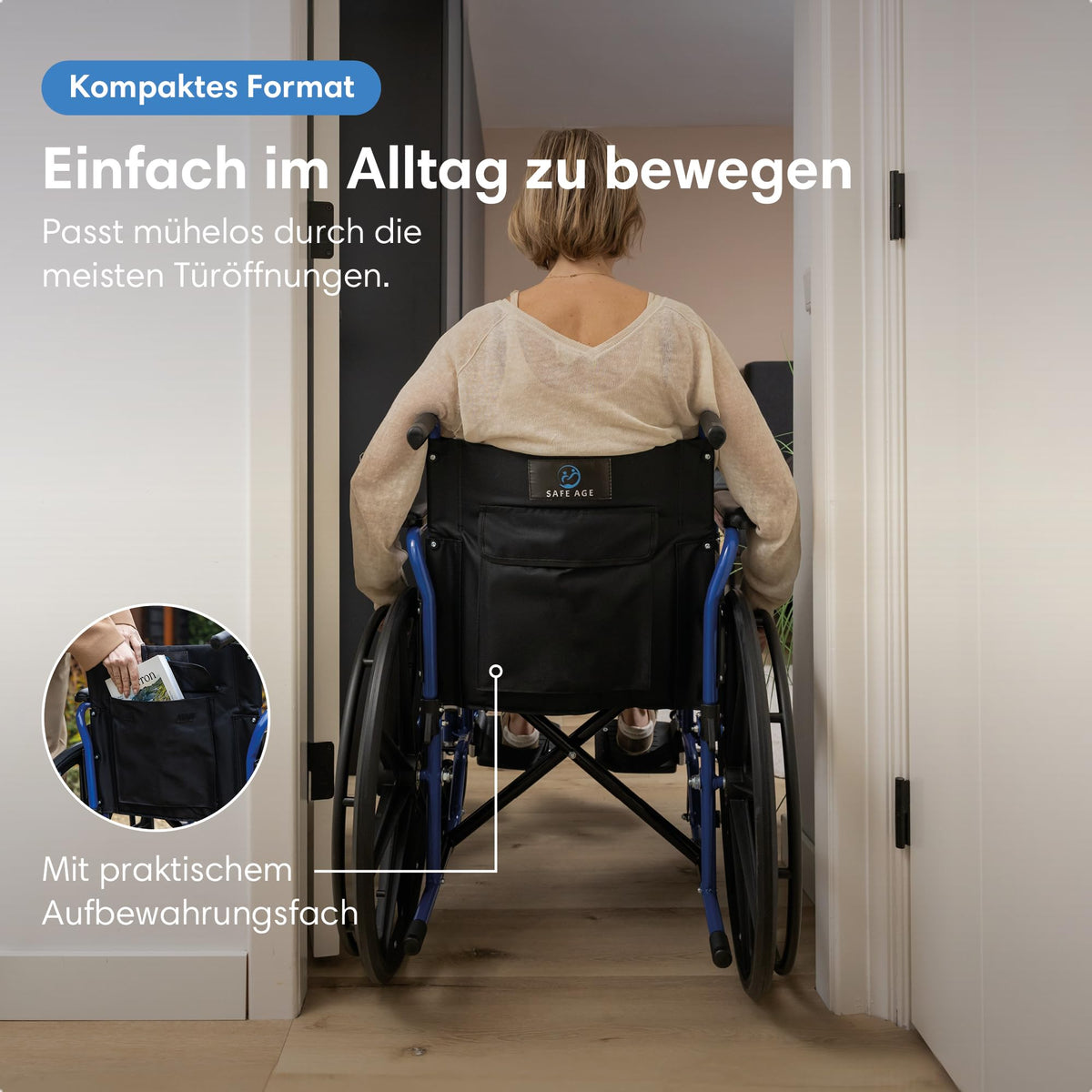 Faltbarer Rollstuhl, leicht mit 18,6 kg und 32 cm Faltbreite, Sitzbreite 46 cm, bis 136 kg, pannensichere PU-Reifen