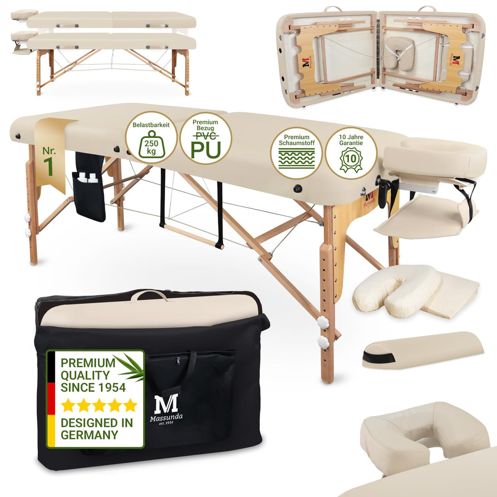 Mobile Massageliege klappbar und höhenverstellbar, extra breit 71 cm, aus Vollholz mit Kopfstütze, Armlehne und Zubehör, Creme