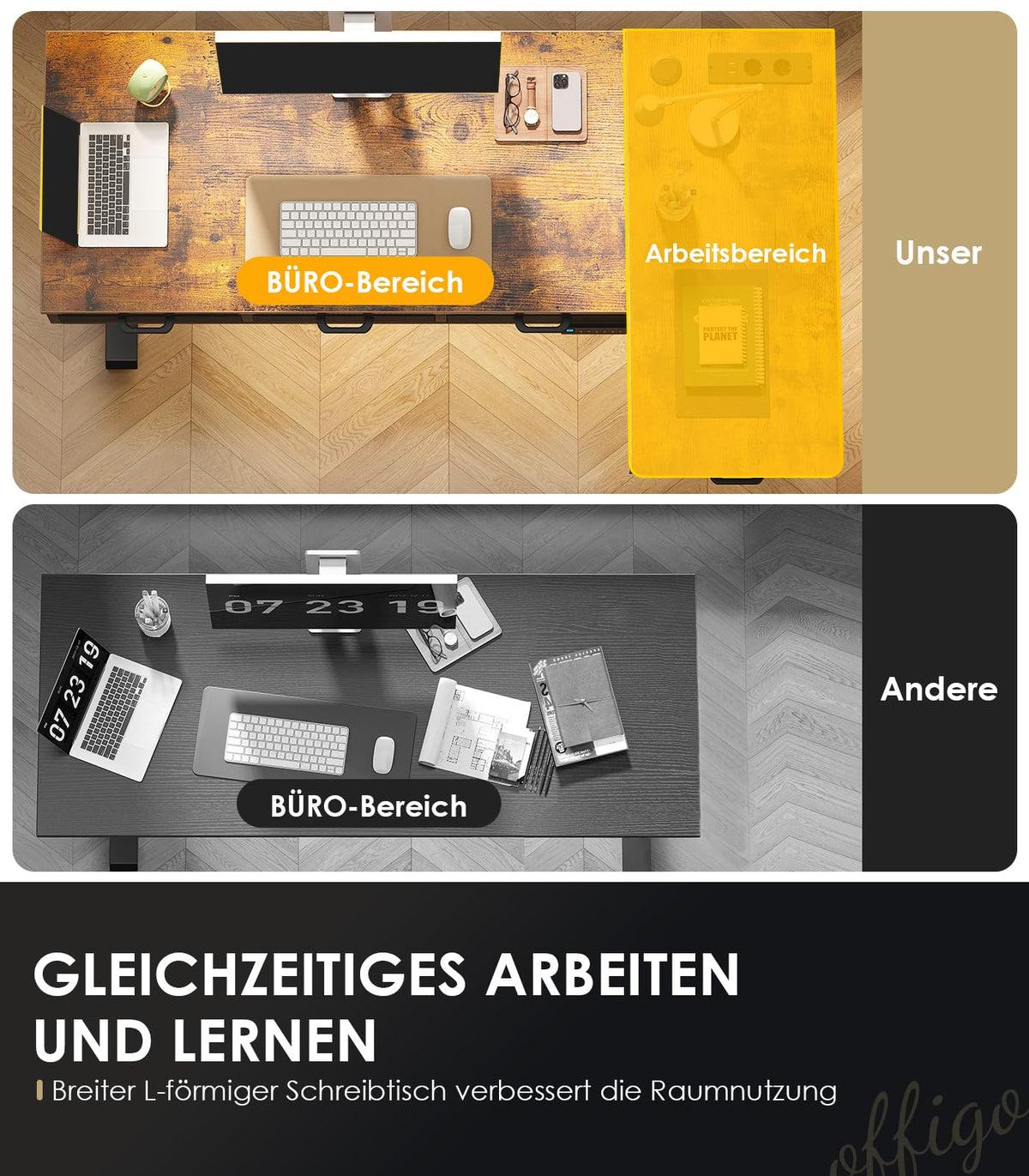 Eckschreibtisch höhenverstellbar elektrisch L-Form 160 x 80 cm mit 4 Schubladen, Steckdose und USB in Braun