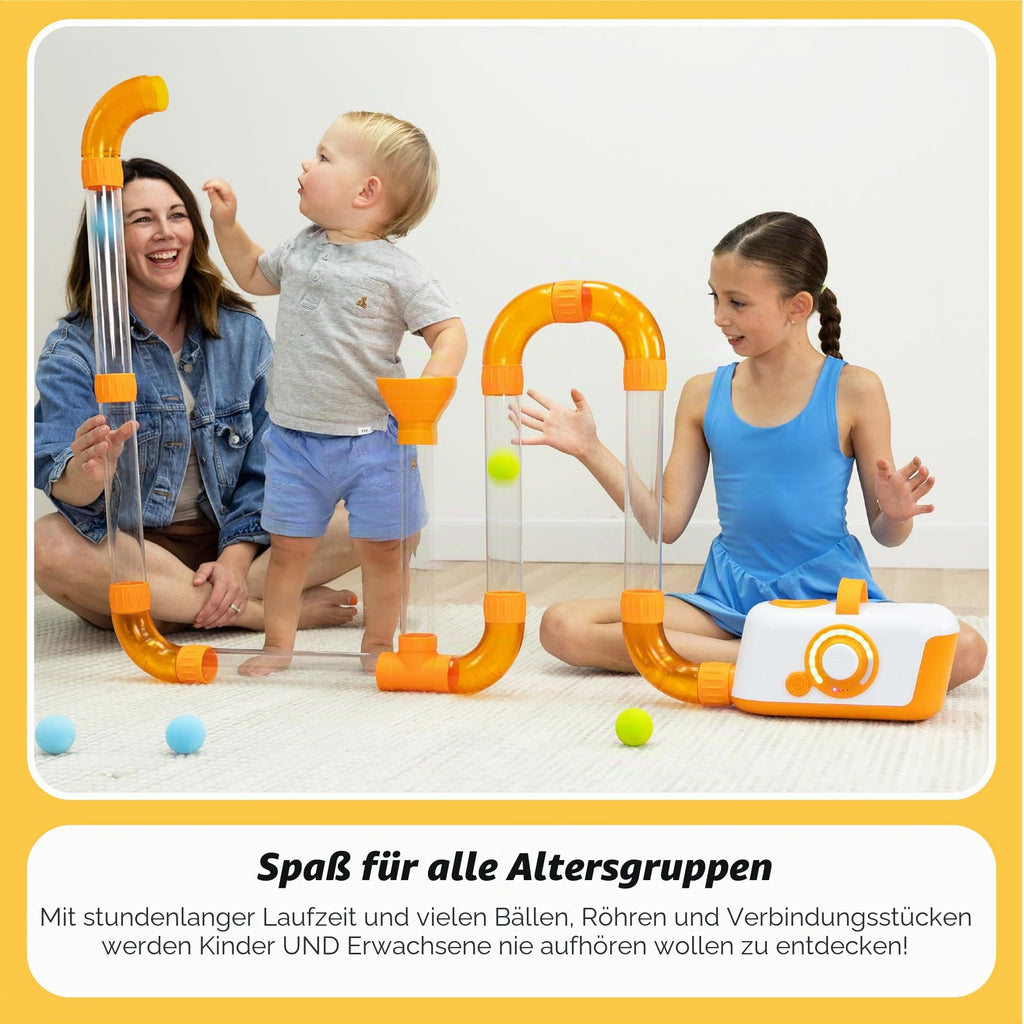 Luftbetriebenes STEM-Spielzeug mit Turbine und modularen Röhren für Kinder ab 3 Jahren, inklusive 20 Schaumstoffbälle