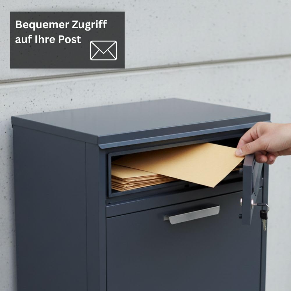 Freistehender Paketbriefkasten XXL mit Paketfach und Briefkasten, abschließbar, anthrazit, 112 cm hoch, inkl. 2 Schlüssel pro Schloss und Bodendübel