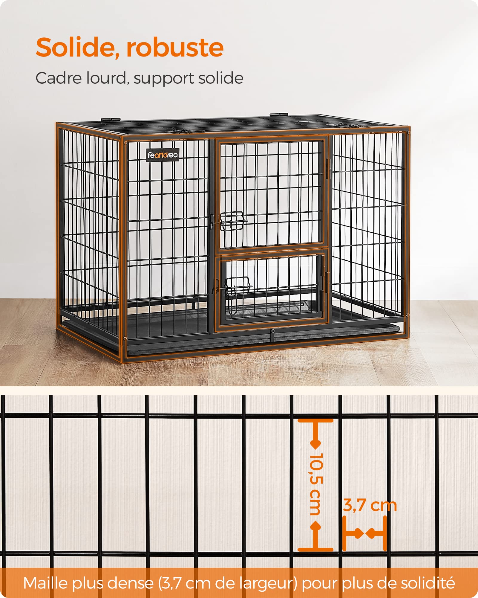 Cage pour chien XXL double porte PPD003B01 acier allié 122 x 74,5 x 80,5 cm avec plateau amovible