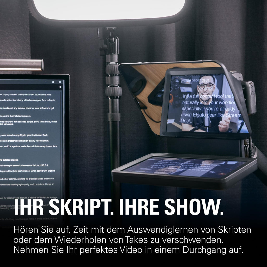 Teleprompter mit integriertem 9-Zoll-Display, 1024 x 600 px, USB-C, für Kameras mit Adapterringen 49-82 mm