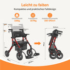 2-in-1 Rollstuhl Rollator faltbar aus Aluminium mit Sitz und Outdoor-Gummireifen, roter Gehwagen bis 136 kg