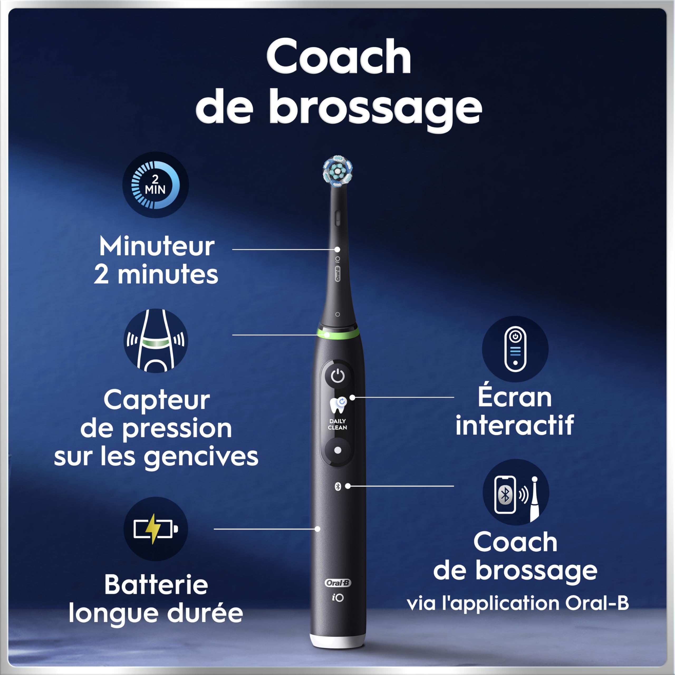 Brosse à dents électrique iO 6 avec 3 brossettes de rechange 5 modes de brossage capteur de pression écran interactif étui