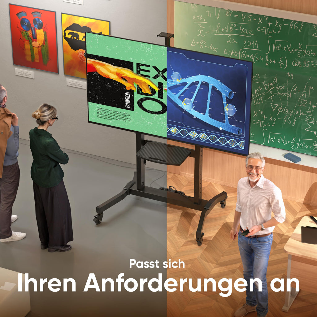 Rollbarer TV-Ständer TS1991-B für 50–100 Zoll bis 120 kg VESA 200x200–1000x600 höhenverstellbar neigbar mit AV- und Webcam-Ablage
