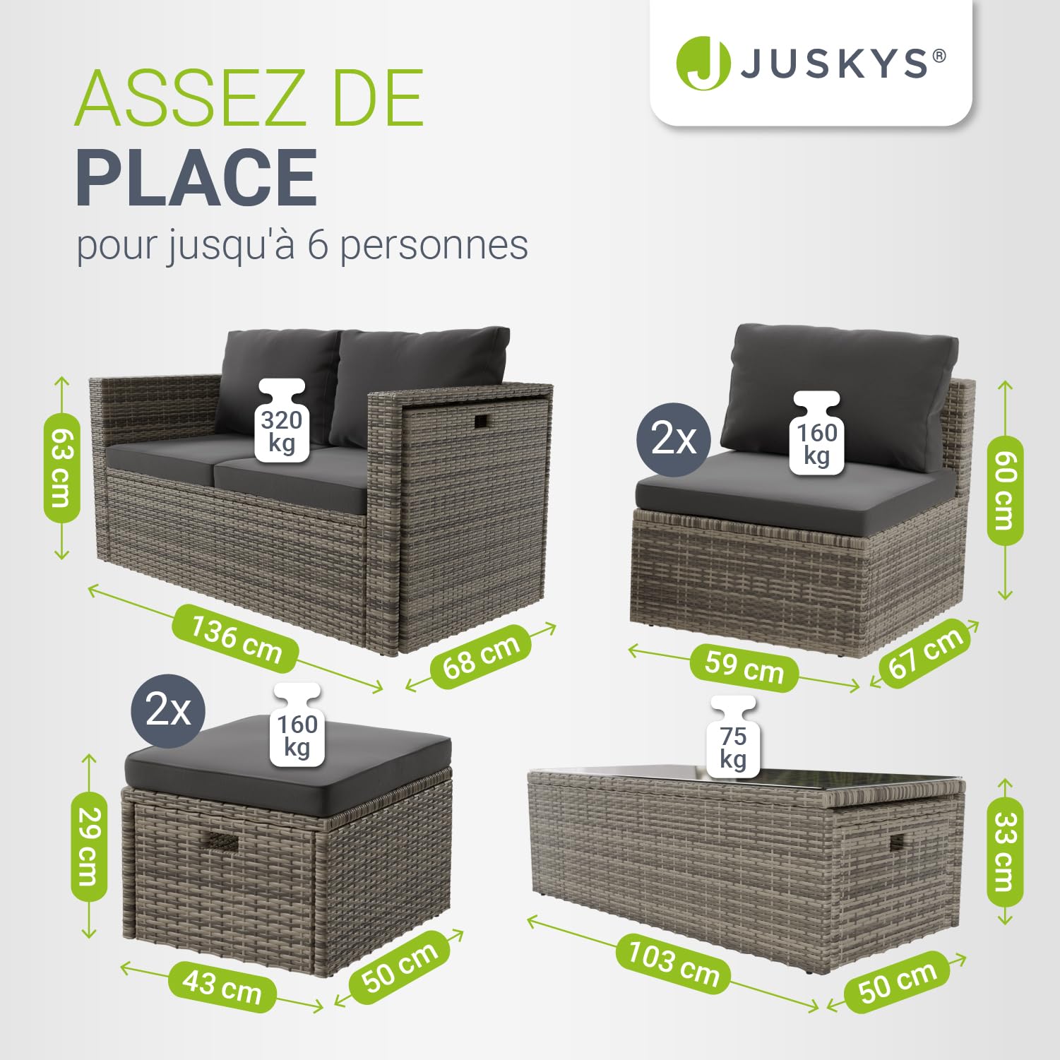 Salon de jardin lounge Salou polyrotin 6 personnes table coussins gris modèle 300862