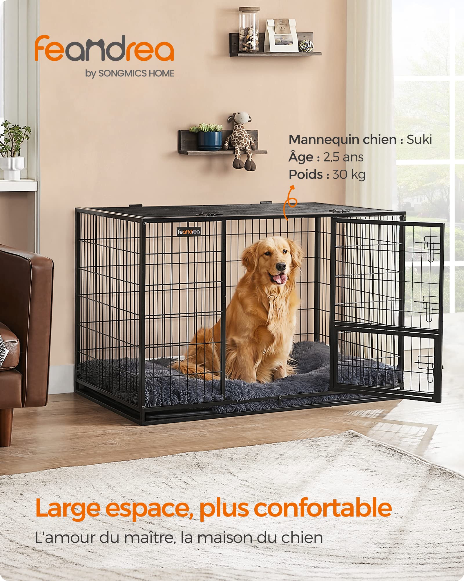Cage pour chien XXL double porte PPD003B01 acier allié 122 x 74,5 x 80,5 cm avec plateau amovible