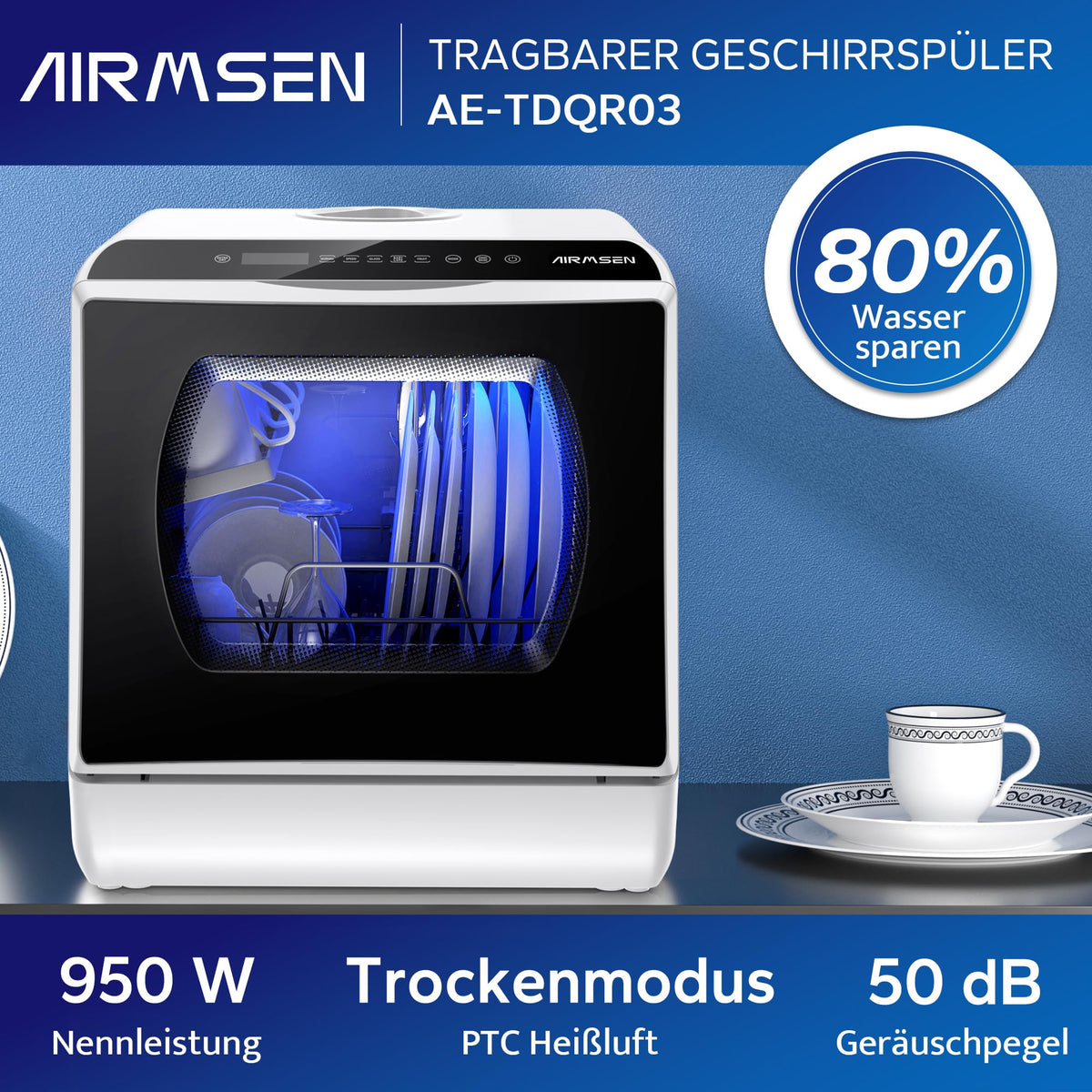 Tischgeschirrspüler mit 5+1 Programmen, 5-L-Wassertank und 360°-Reinigung, 45,8 cm breit
