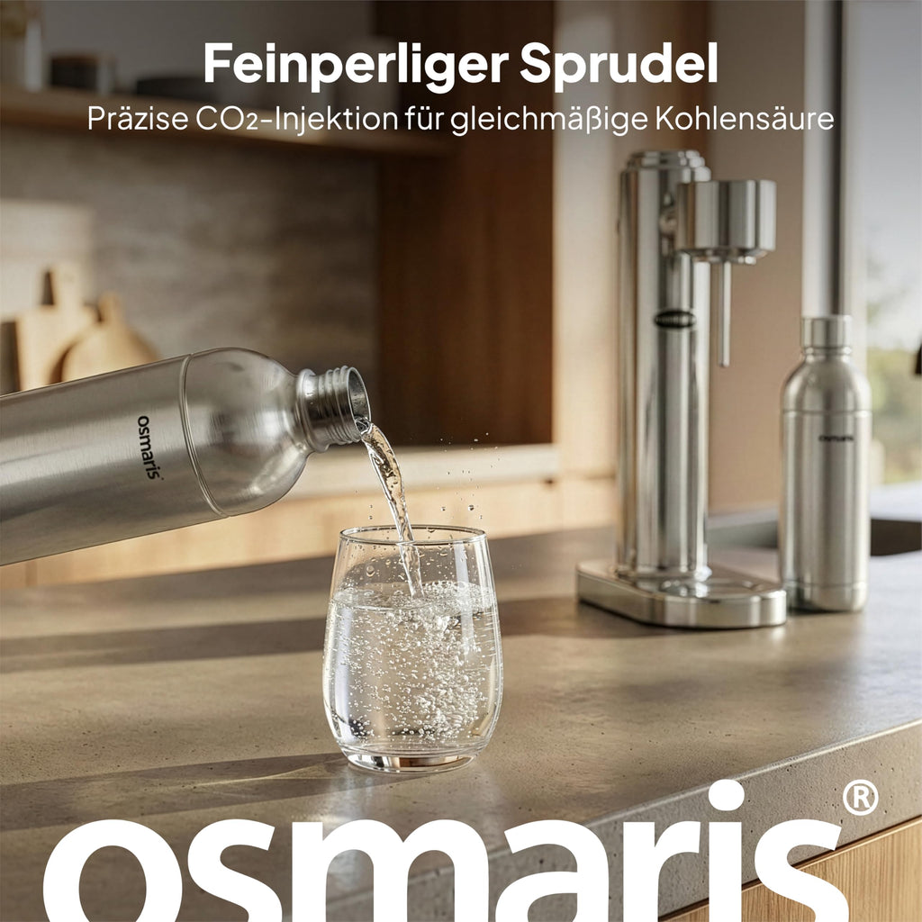 Wassersprudler aus Edelstahl mit 2x 1,1 L Edelstahlflaschen und Druckablassventil für geschmacksneutrales Sprudelwasser