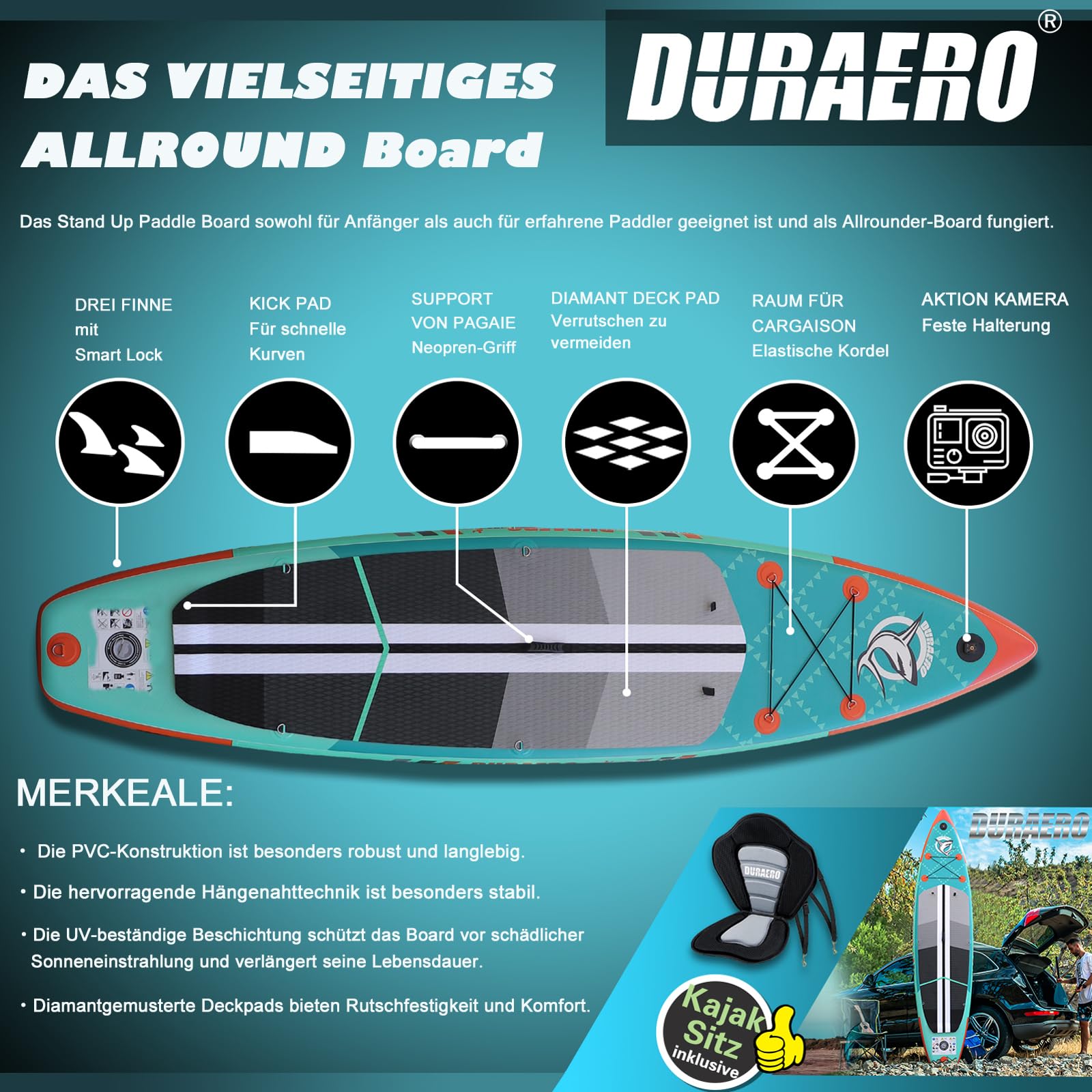 Planche SUP gonflable 330 x 76 x 15 cm avec siège kayak pagaie réglable 3 ailerons support caméra charge 150 kg