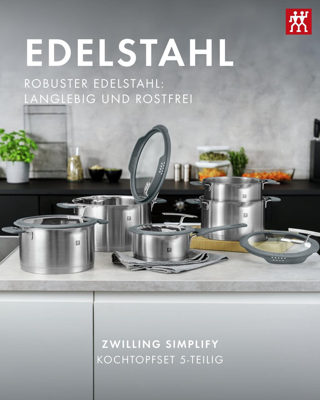 Kochtopf-Set Simplify 5-teilig mit integriertem Sieb Induktion Edelstahl Grau 16 bis 24 cm 1,5 bis 6 L