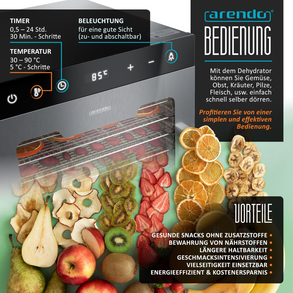 Dörrautomat aus Edelstahl mit 12 Gitterrosten, 800 W, 30-90 °C, 12 Einlegetabletts mit insgesamt 10.000 cm², für Obst, Fleisch und Pilze
