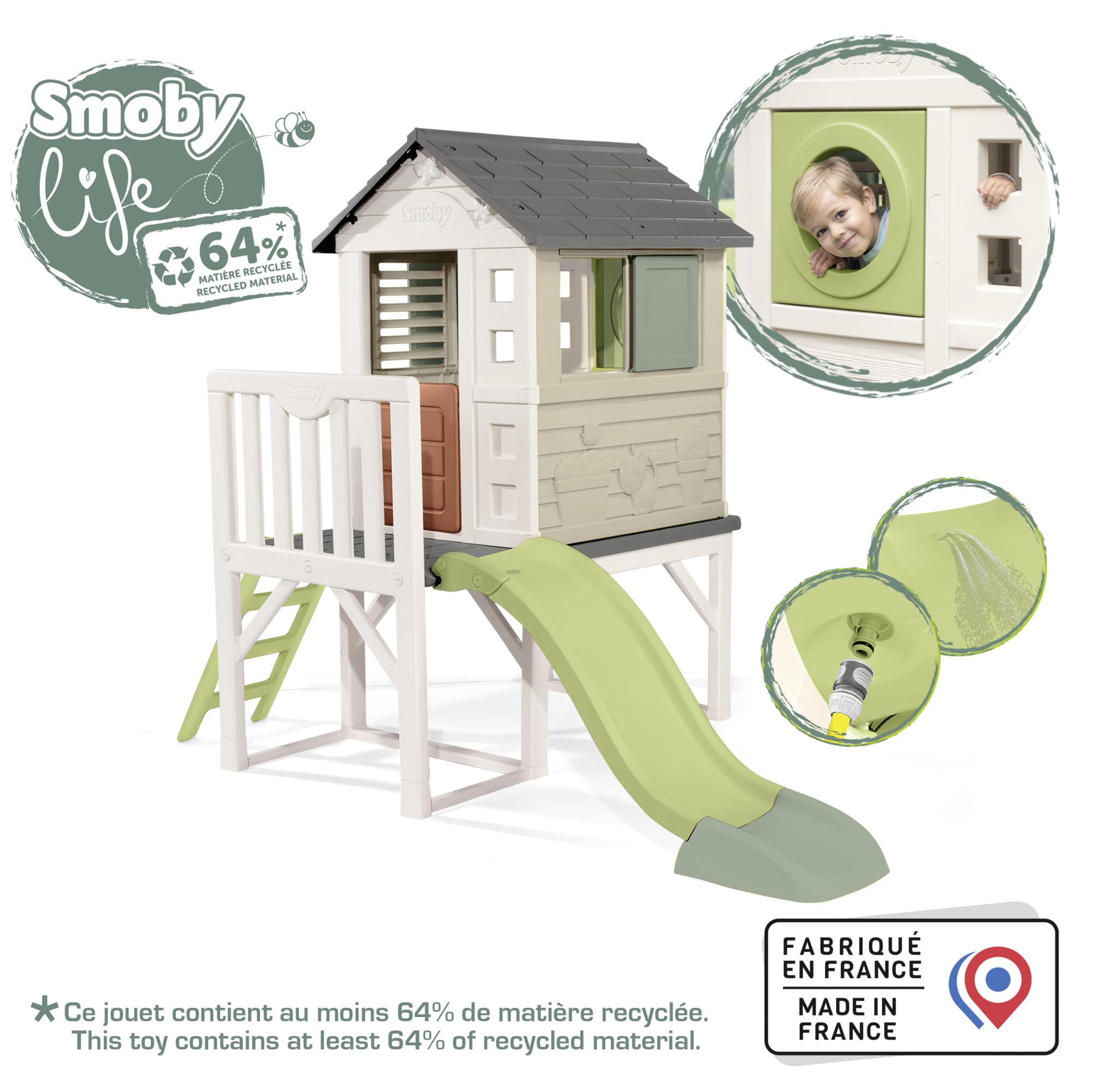 Maison de jeu enfant sur pilotis avec plateforme 70 cm échelle et toboggan matériau recyclé dès 2 ans modèle 7600810802