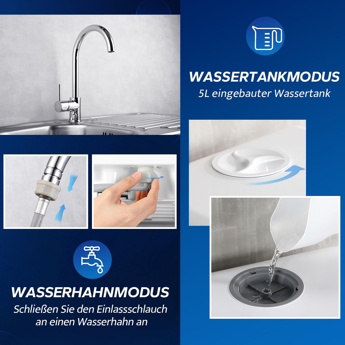Tischgeschirrspüler mit 5+1 Programmen, 5-L-Wassertank und 360°-Reinigung, 45,8 cm breit