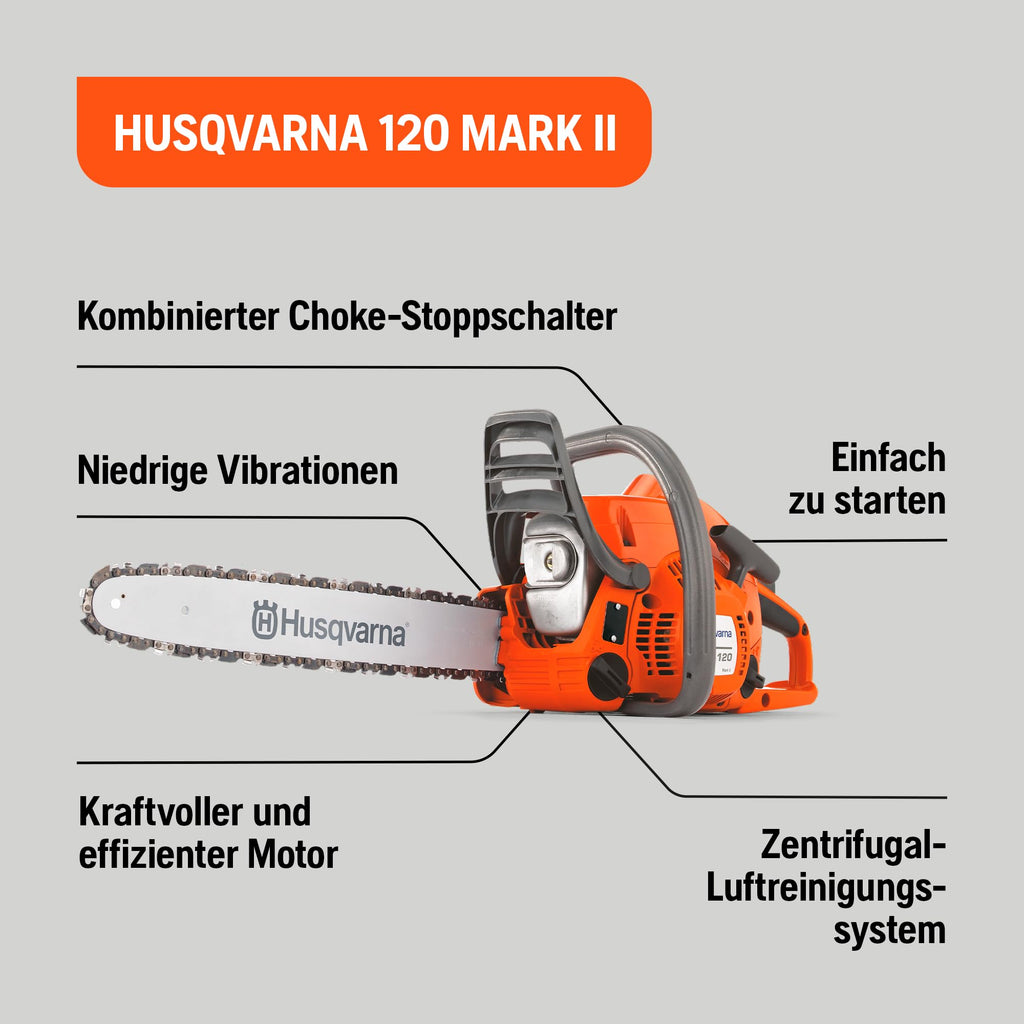 Benzin-Kettensäge 120 Mark II mit 38,2-ccm-X-Torq-Motor, 1,4 kW und 14-Zoll-Schiene sowie H37 Kette