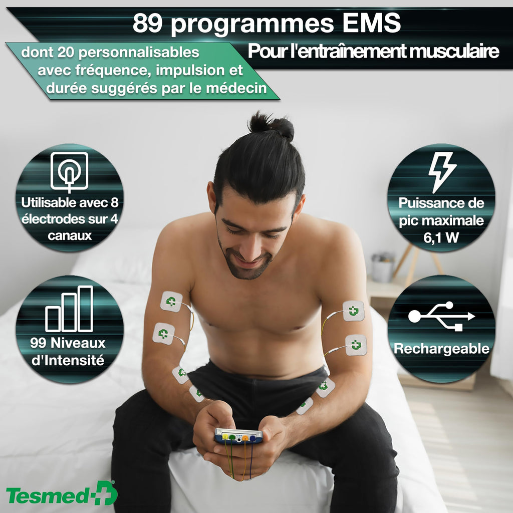 Électrostimulateur musculaire TENS EMS Max 830 4 canaux 115 programmes 20 électrodes incluses rechargeable