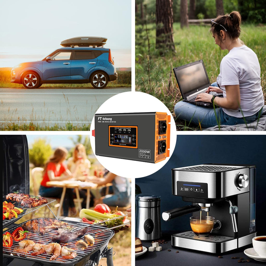 Convertisseur 12V 220V pur sinus 2000W avec puissance crête 4000W 2 prises CA port USB écran LCD et télécommande