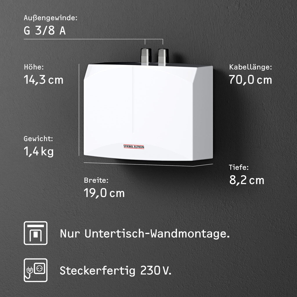 Hydraulischer Mini-Durchlauferhitzer DHM 3 für Handwaschbecken, 3,5 kW, 230 V, druckfest und drucklos, mit Stecker