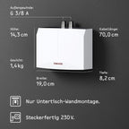 Hydraulischer Mini-Durchlauferhitzer DHM 3 für Handwaschbecken, 3,5 kW, 230 V, druckfest und drucklos, mit Stecker