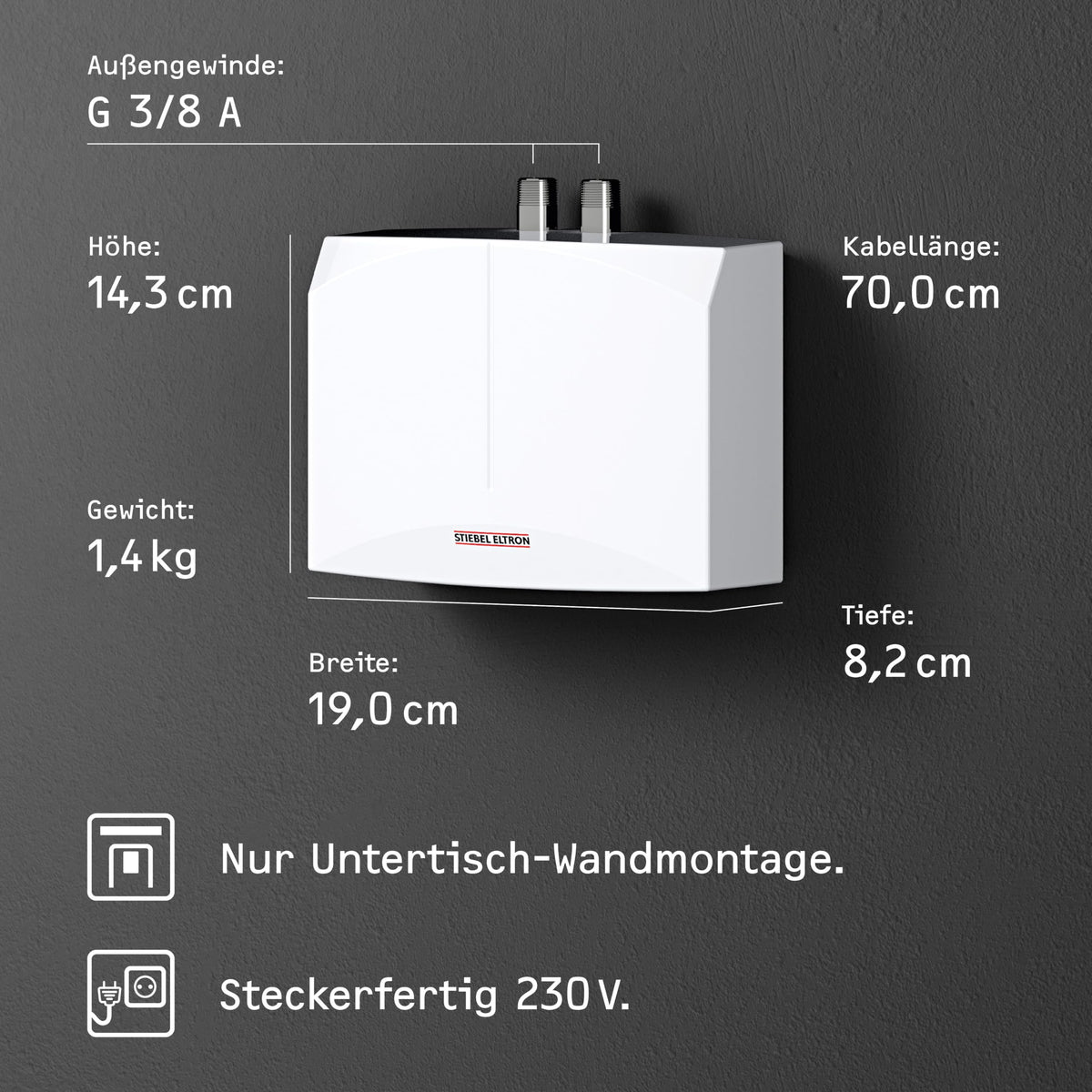 Hydraulischer Mini-Durchlauferhitzer DHM 3 für Handwaschbecken, 3,5 kW, 230 V, druckfest und drucklos, mit Stecker