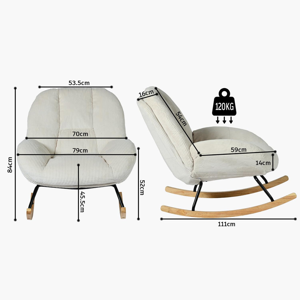 Fauteuil à bascule scandinave en velours côtelé rembourré avec dossier haut accoudoirs ergonomiques pour salon chambre beige