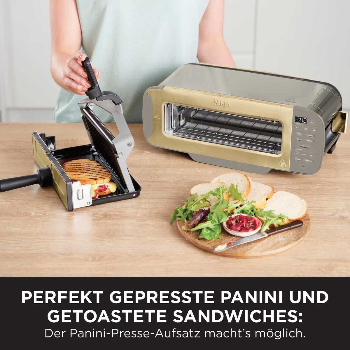 3-in-1 Toaster und Elektrogrill mit Deckel, 7 Kochfunktionen, für Toast, Bagel, Panini und Sandwiches, Stone Gold