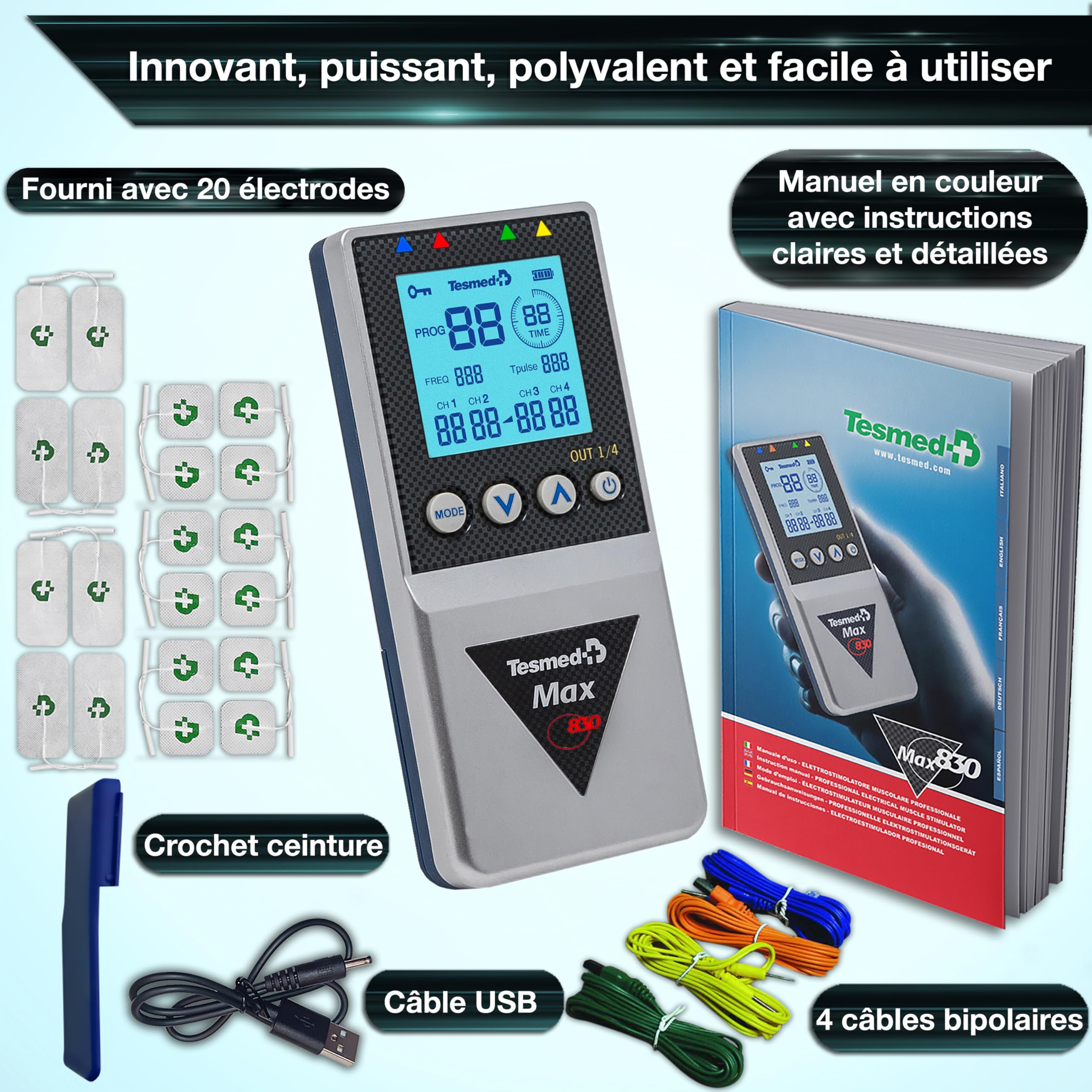 Électrostimulateur musculaire TENS EMS Max 830 4 canaux 115 programmes 20 électrodes incluses rechargeable