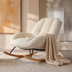 Fauteuil à bascule scandinave en velours côtelé rembourré avec dossier haut accoudoirs ergonomiques pour salon chambre beige